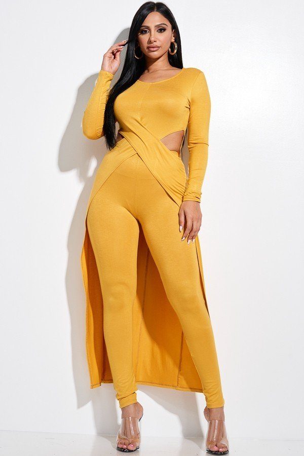 Solid Heavy Rayon Spandex Long Sleeve Crossed Over Long Top And Leggings 2 Piece Set - A&A Haute Spot