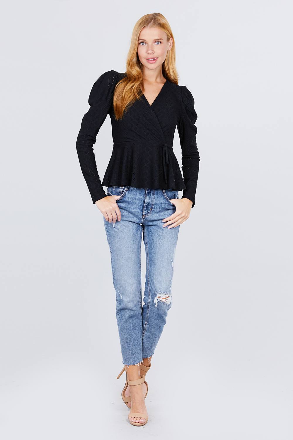 Surplice W/ribbon Tie Peplum Top - A&A Haute Spot