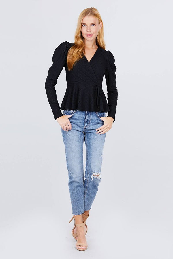 Surplice W/ribbon Tie Peplum Top - A&A Haute Spot