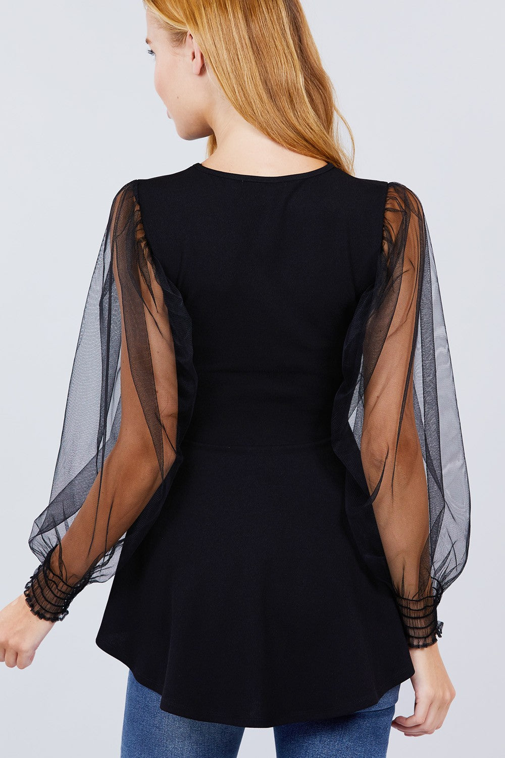 Mesh Puff Sleeve Peplum Top - A&A Haute Spot