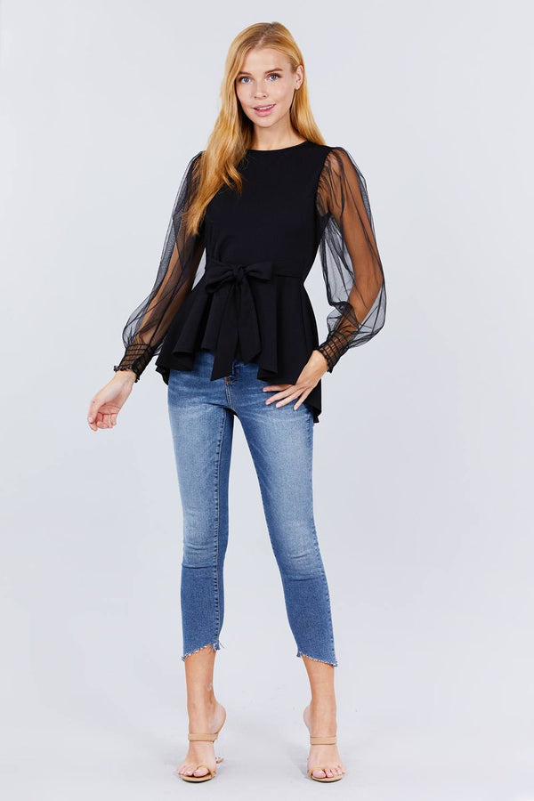 Mesh Puff Sleeve Peplum Top - A&A Haute Spot