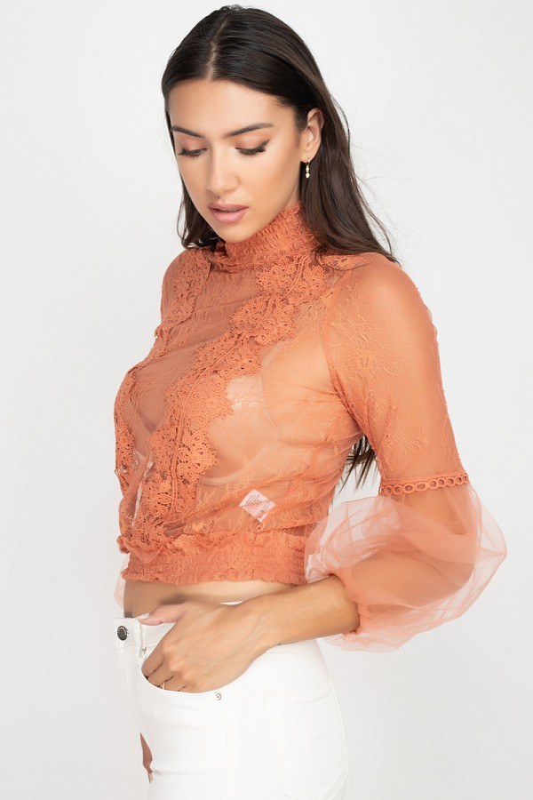 Lace Trim Balloon Sleeve Smocked Top - A&A Haute Spot