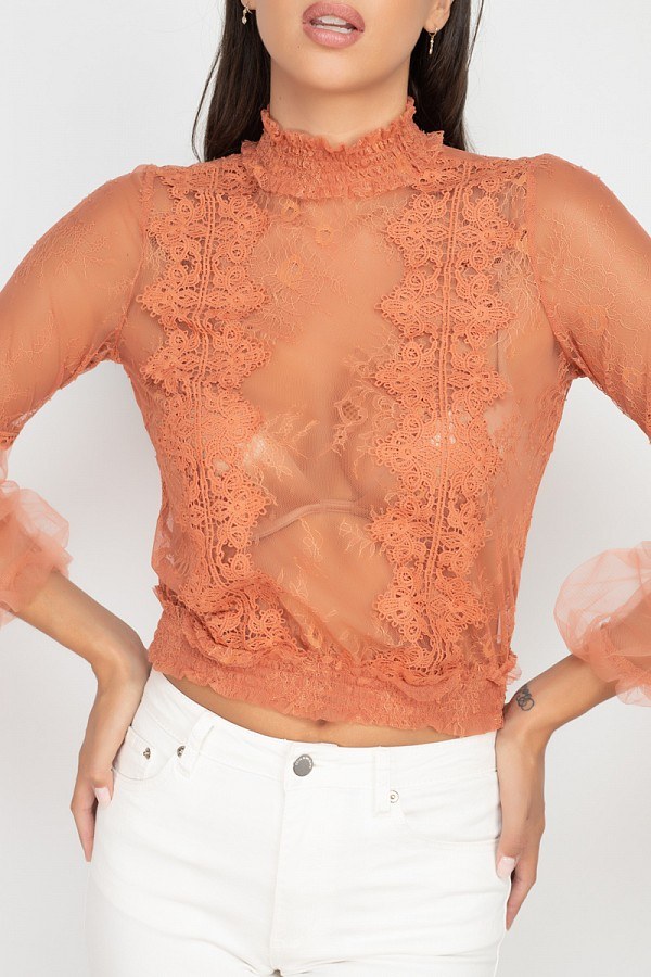 Lace Trim Balloon Sleeve Smocked Top - A&A Haute Spot