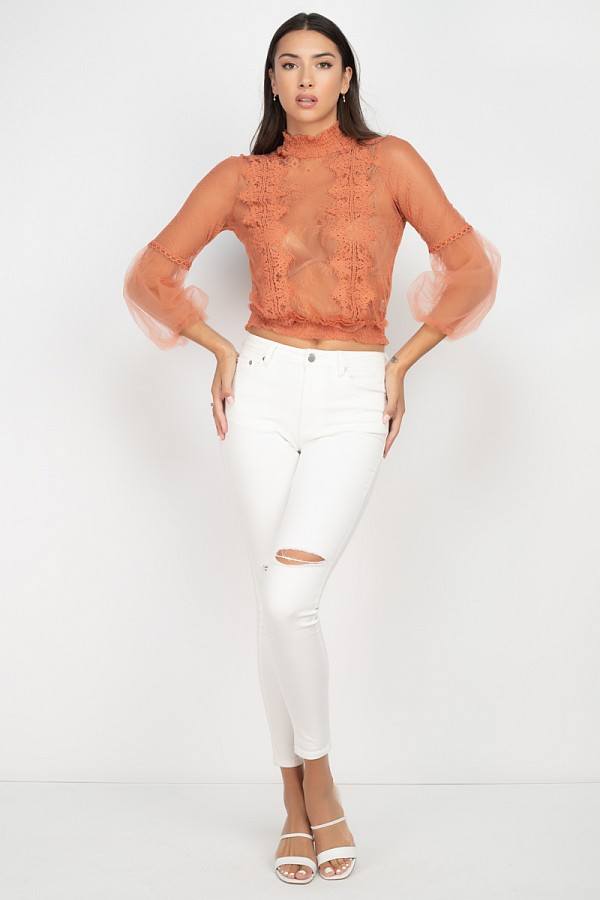 Lace Trim Balloon Sleeve Smocked Top - A&A Haute Spot