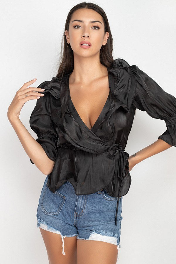 Surplice Short Sleeve Ruffle Top - A&A Haute Spot