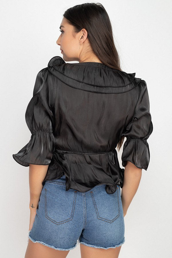 Surplice Short Sleeve Ruffle Top - A&A Haute Spot