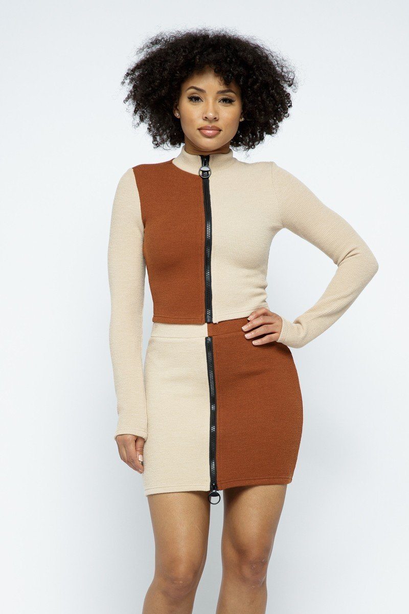 Rib Color Block Mock Neck Long Sleeve High-waist Mini Skirt With Front Zipper Set - A&A Haute Spot