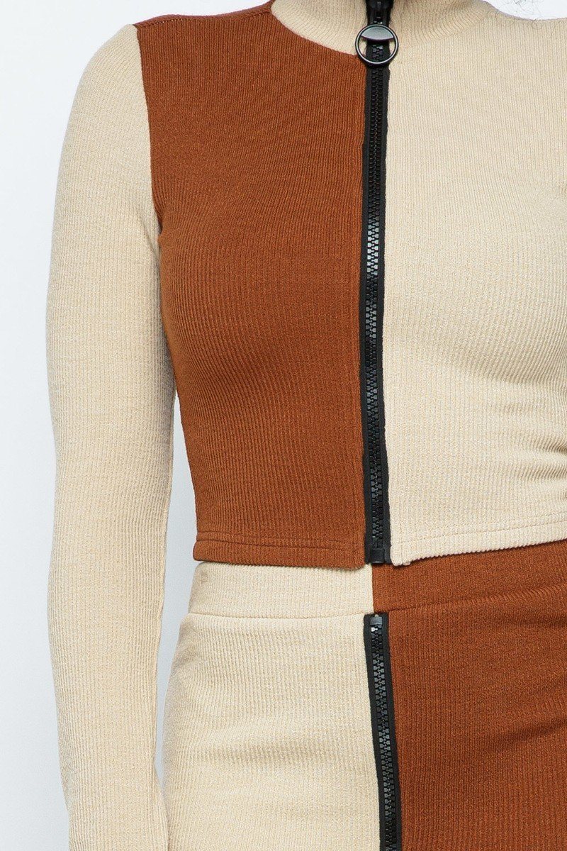 Rib Color Block Mock Neck Long Sleeve High-waist Mini Skirt With Front Zipper Set - A&A Haute Spot