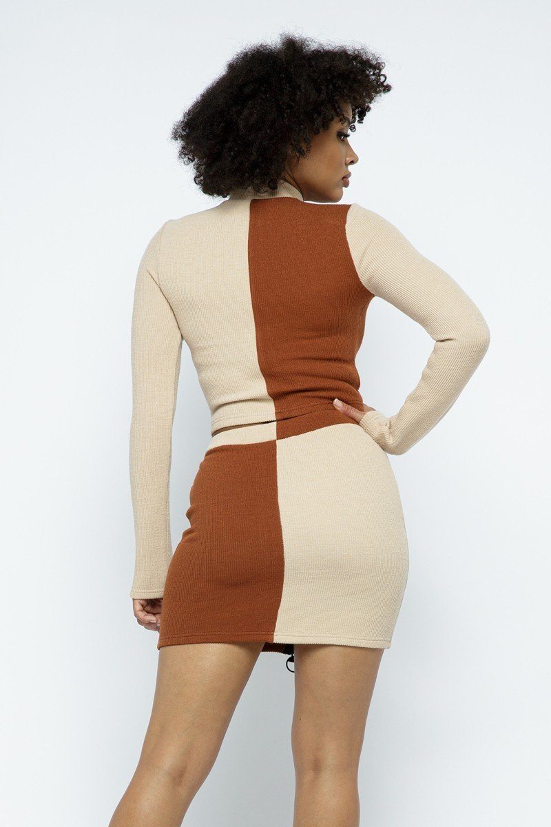 Rib Color Block Mock Neck Long Sleeve High-waist Mini Skirt With Front Zipper Set - A&A Haute Spot