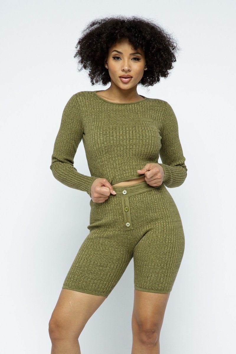 Knit Long Sleeve Cropped Top Knit High-waist Biker Shorts Set - A&A Haute Spot