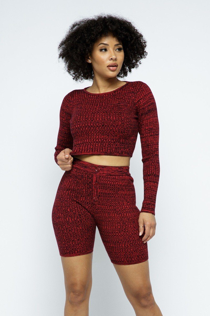 Knit Long Sleeve Cropped Top Knit High-waist Biker Shorts Set - A&A Haute Spot