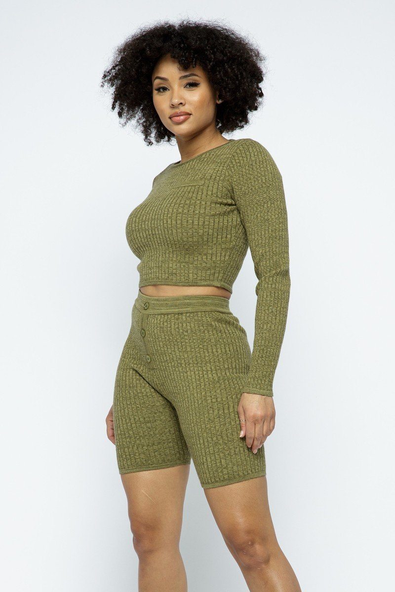 Knit Long Sleeve Cropped Top Knit High-waist Biker Shorts Set - A&A Haute Spot
