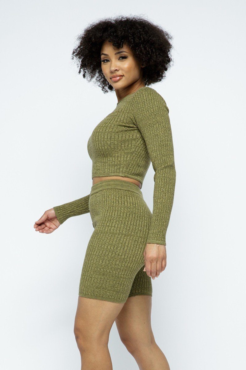 Knit Long Sleeve Cropped Top Knit High-waist Biker Shorts Set - A&A Haute Spot