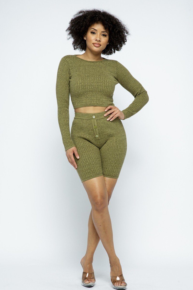 Knit Long Sleeve Cropped Top Knit High-waist Biker Shorts Set - A&A Haute Spot
