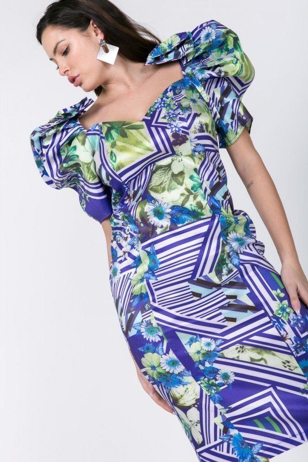 Puff Sleeve Bodycon Print Dress - A&A Haute Spot