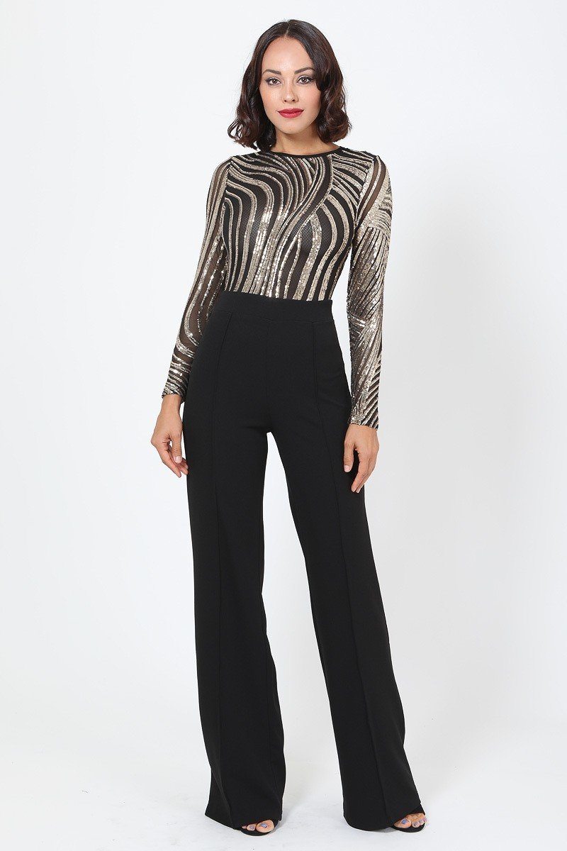 Sophisticated Gold Sequins Bodice Jumpsuit - A&A Haute Spot