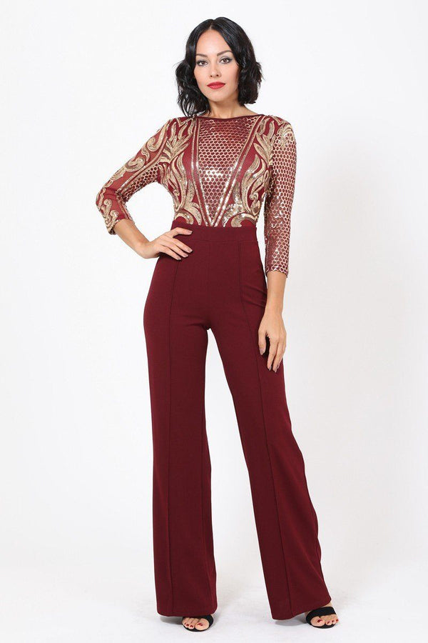 Open Back Gold Sequin Pattern Jumpsuit - A&A Haute Spot