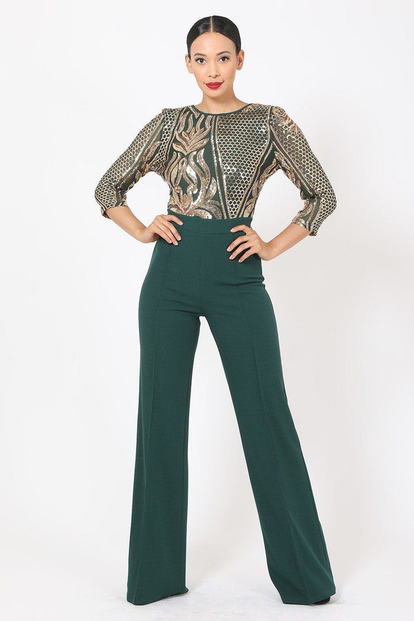 Open Back Gold Sequin Pattern Jumpsuit - A&A Haute Spot