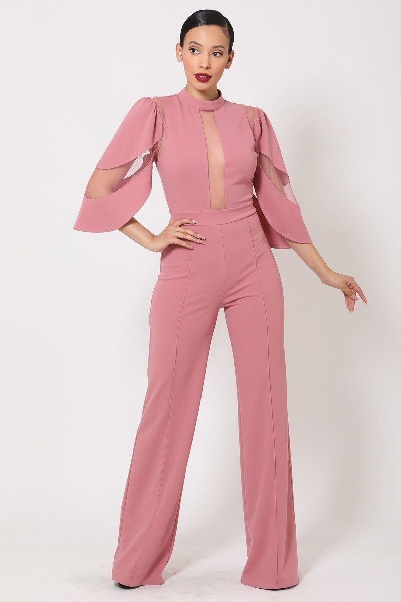 Semi Sheer Mesh Contrast Bodice Jumpsuit - A&A Haute Spot